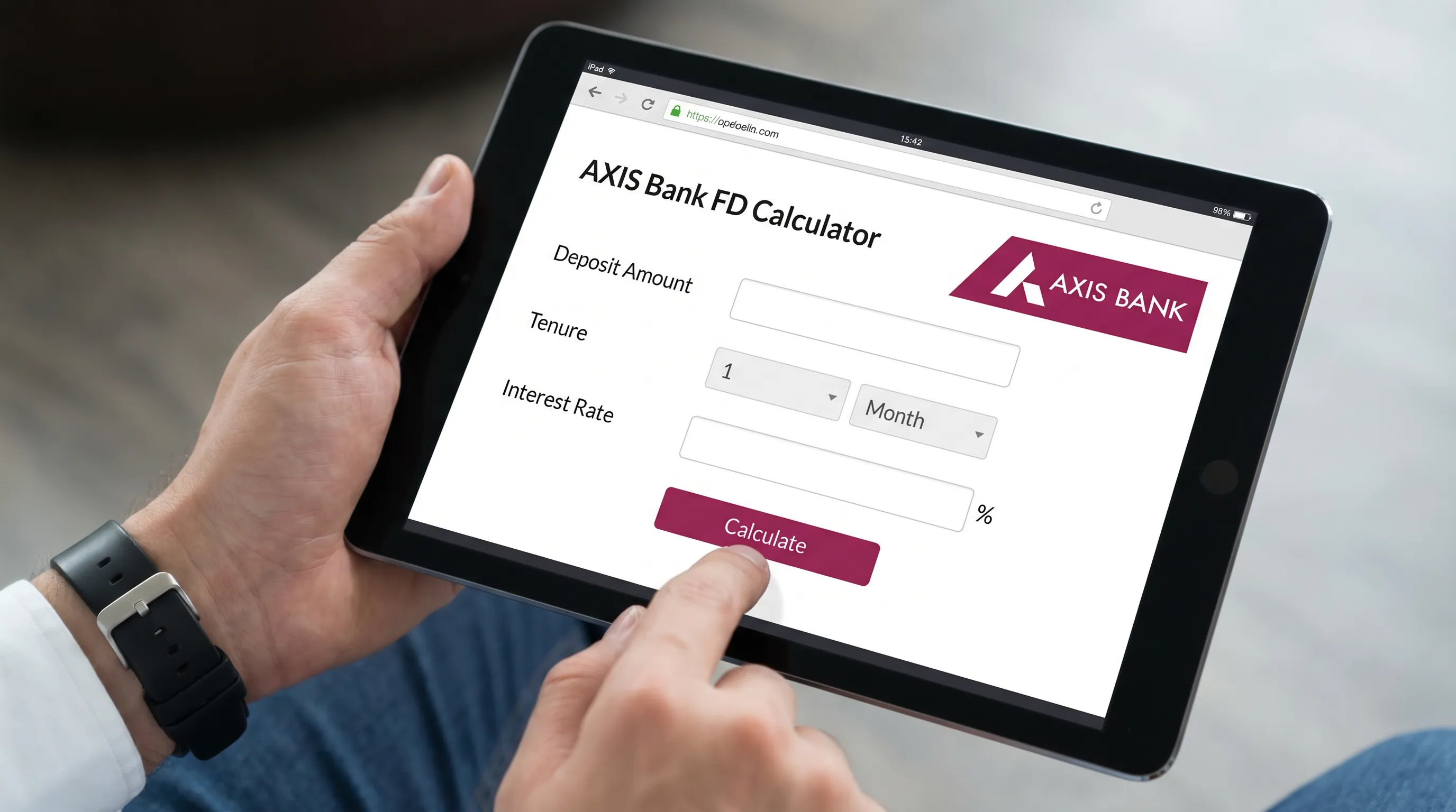 Axis Bank FD calculator online for 2026: estimate fixed deposit maturity, total interest earned, and returns from principal, tenure, and rate