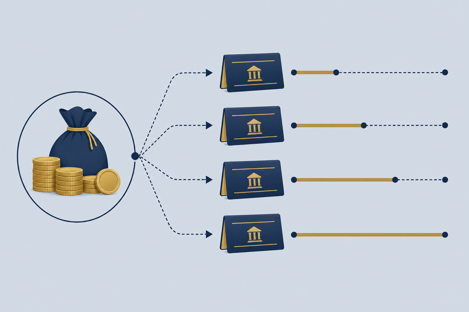 Illustration of one lump sum splitting into multiple fixed deposits with different tenures