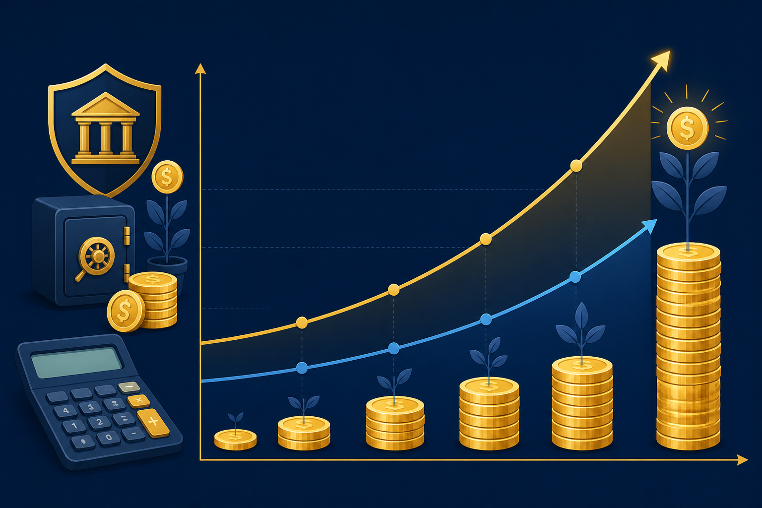 Compound interest growth chart showing how a fixed deposit balance increases over time with reinvestment