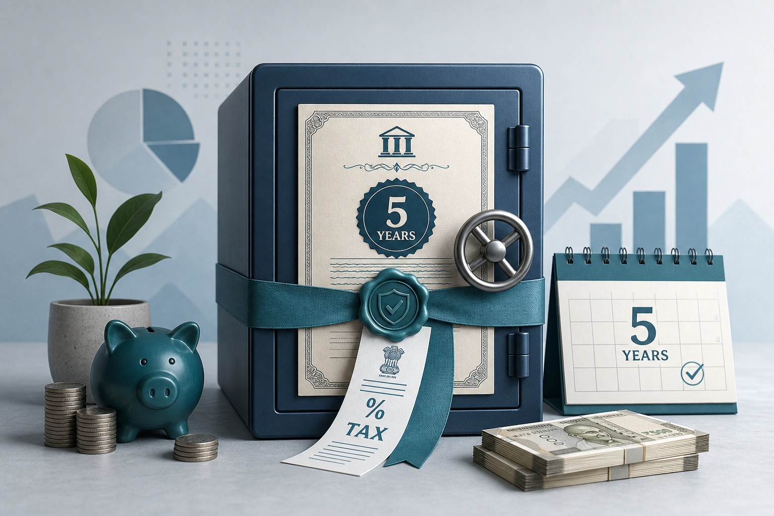 Tax Saver fixed deposit concept with a 5-year lock-in and tax benefit theme