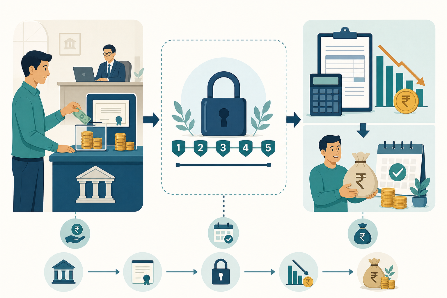 Illustration of depositing money into a Tax Saver FD, 5-year lock-in, tax deduction, and maturity payout